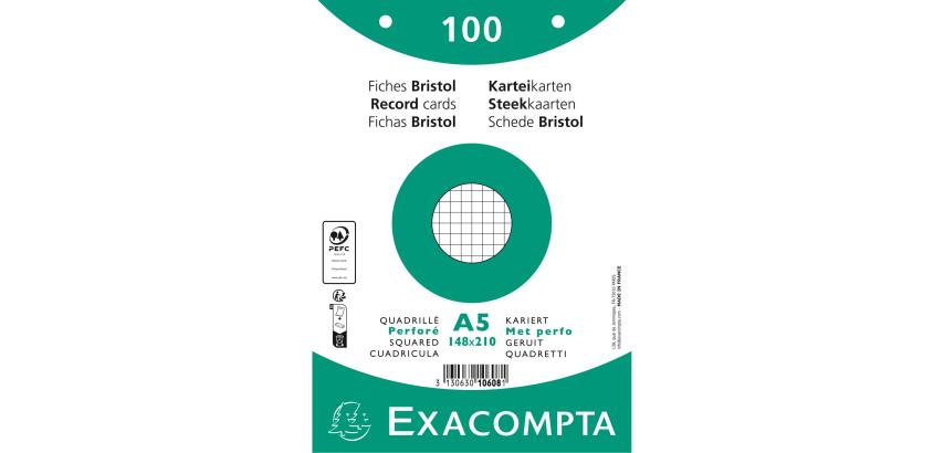 Paquet 100 fiches sous film - bristol quadrillé 5x5 perforé 148x210mm - Blanc