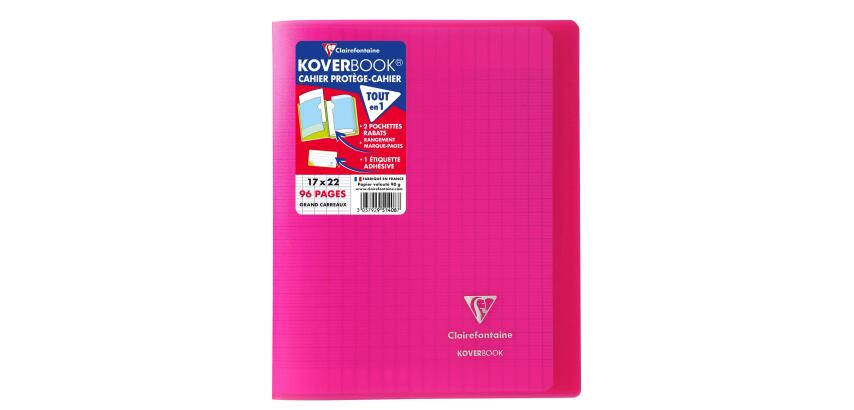 Cahier piqué Koverbook 17x22cm 96 pages grands carreaux couverture polypropylène transparent