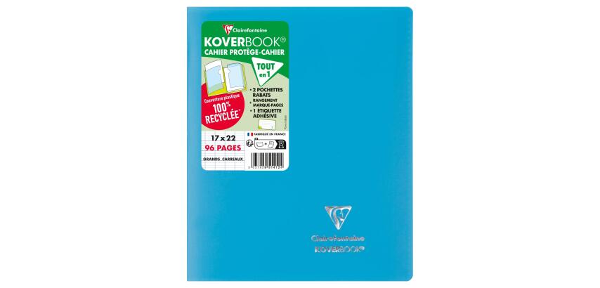 Cahier piqué Koverbook 17x22 cm 96 pages grands carreaux couverture polypropylène opaque 100% recyclé
