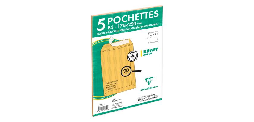 Paquet de 5 Pochettes Kraft Adour Brun 176x250mm - Auto-Adhésives - 90g/m2 - Brun