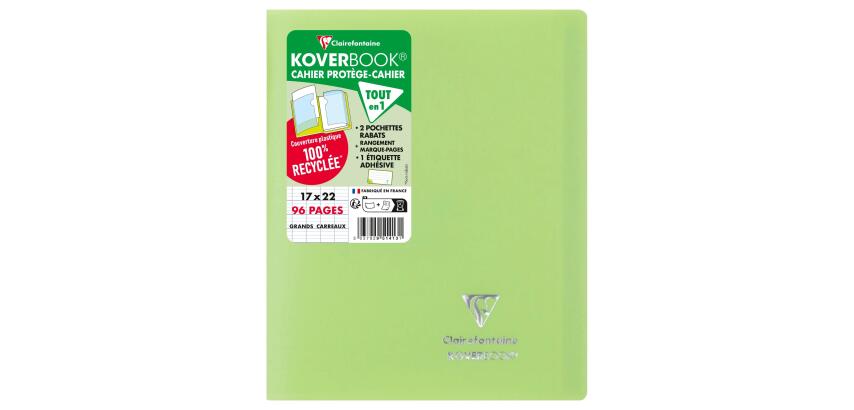 Cahier piqué Koverbook 17x22 cm 96 pages grands carreaux couverture polypropylène opaque 100% recyclé