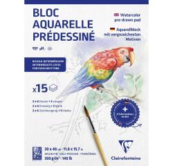 Aquarelle Prédessiné Animaux bloc collé 15F 30x40cm 300g
