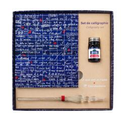Le Mur des Je t'aime, Set de calligraphie 21x21 cm contenant une plume de verre, un flacon d'encre Rue de la Verrerie 10ml Jacques Herbin, un bloc de 60 feuilles de papier blanc 185g
