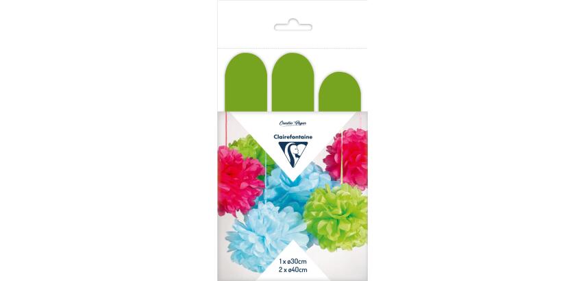 PAPIER DE SOIE, Set de 3 pompons à suspendre Ø30x1 et Ø40x2 - Vert