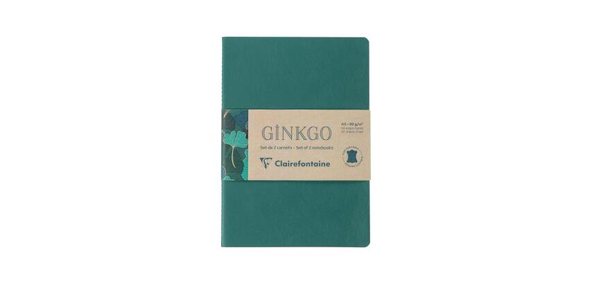 Ginkgo, Set de 2 carnets cousu fil A5 14,8x21 cm, 64 pages, ligné. 1 carnet couverture cuir + 1 carnet couverture carte imprimée, ass.