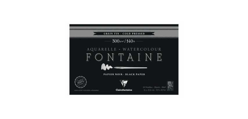 Fontaine , schwarzes Aquarellpapier, Block 4-seitig geleimt, 20 Blatt 300g feinkörnig, 14x21,6cm
