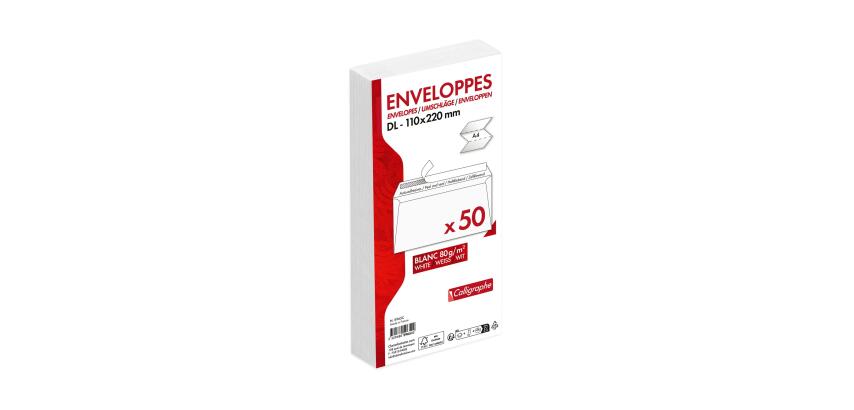 Weiße Briefumschläge haftklebend, DIN lang 110x220mm, 80g, Packung mit 50 Stück - Weiß