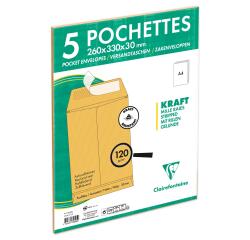 Paquet de 5 Pochettes Kraft Brun E4-260x400 mm avec Soufflet de 30 mm - Auto-Adhésives - 120g/m2 - Brun