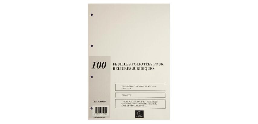Recharge de 100 feuillets A4 80g pour reliure juridique 4 ou 6 anneaux
