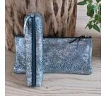 Céleste CUIR Trousse SLIM 19,5x2,5x4 cm Lazer Vert Argent