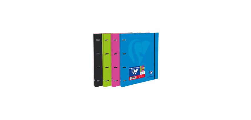 Cahier-classeur rigide Mimesys A4 à 4 anneaux diamètre 30 mm écartement 80 mm + 200 pages petits carreaux avec cadre en-tête et 4 couleurs de bandes - Assortis