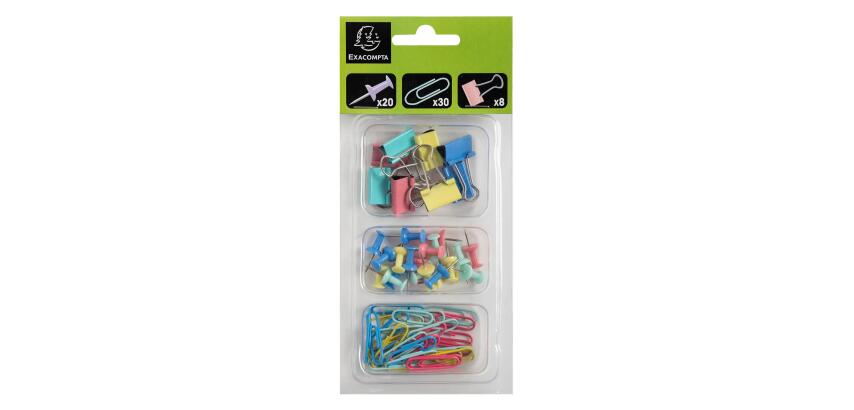 Kit de sistemas de fijación compuesto de 20 push pins, 30 clips, 8 pinzas doble clips - Sistemas de fijación - Colores surtidos