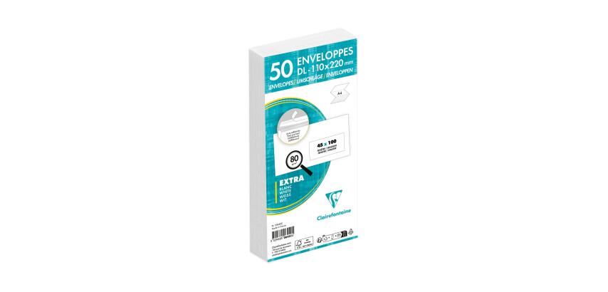 Paquet de 50 Enveloppes Blanches DL-110x220mm - Auto-Adhésives - 80g/m2 - Fenêtre Papier Cristal de 45x100 (position 20/20) - Blanc