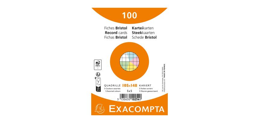 Pack of 100 film-wrapped cards - Bristol grid 5x5 non-perforated 105x148mm - Assorted colors