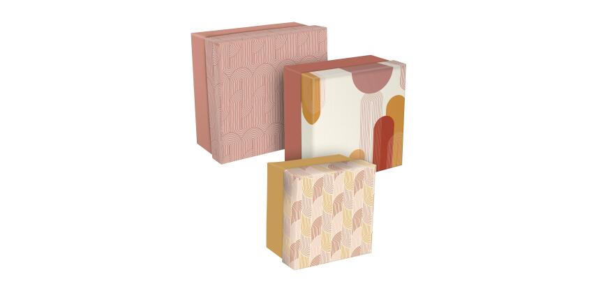 Terracotta, Set mit 3 quadratischen Aufbewahrungsboxen 25x25x12 cm, 20x20x11cm und 16x16x10 cm