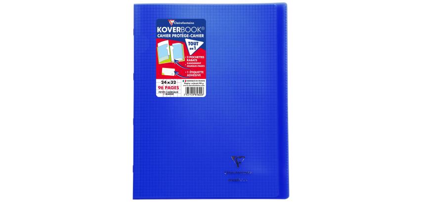 Cahier piqué Koverbook 24x32 cm 96 pages petits carreaux + marge couverture polypropylène transparent - Bleu marine