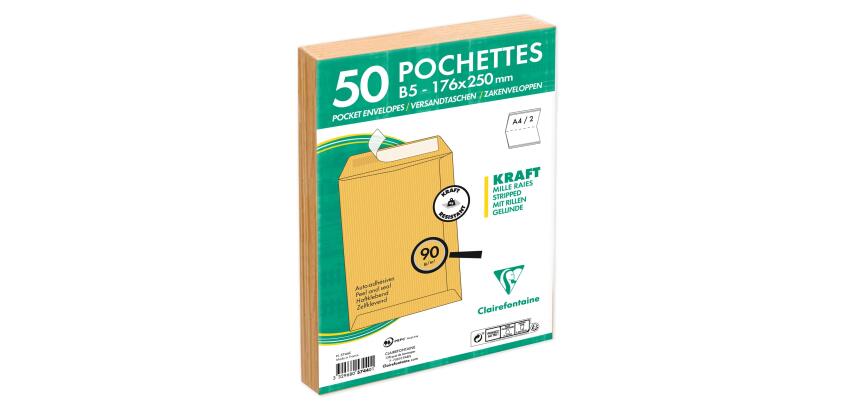 Paquet de 50 Pochettes Kraft Milleraies Brun B5-176x250 mm - Auto-Adhésives - 90g/m2 - Brun