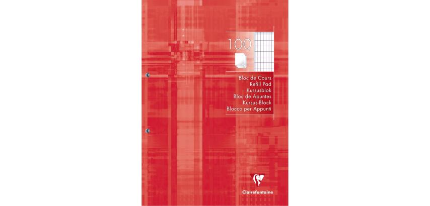 Bloc de cours encollé grand côté A4 200 pages détachables perforées 2 trous quadrillé 4x8 - Rouge coquelicot