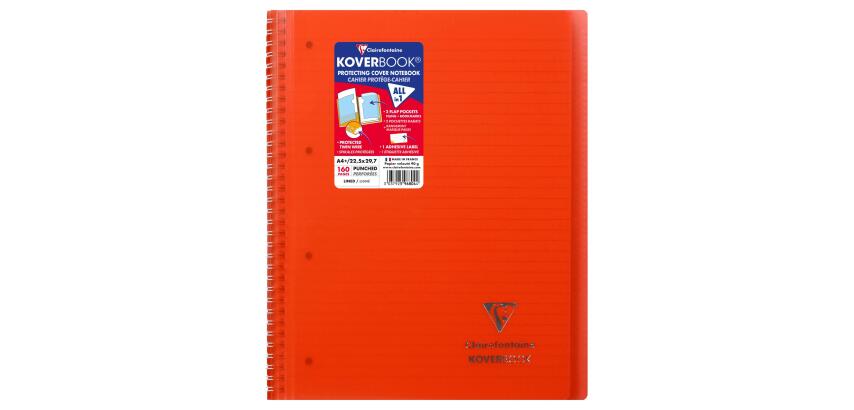 Cahier reliure intégrale enveloppante Koverbook A4+ 160 pages ligné + marge détachables perforé 4 trous couverture polypropylène transparent - Rouge