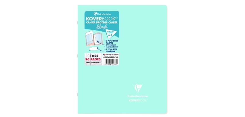 Cahier piqué Koverbook Blush 17x22cm 96 pages grands carreaux couverture polypropylène opaque bicolore - Menthe à l'eau/Rose poudré