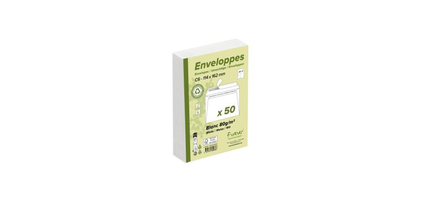 Paquet de 50 Enveloppes Forever 100% Recyclé C6-114x162mm Auto-Adhésives - 80g/m2 - Blanc