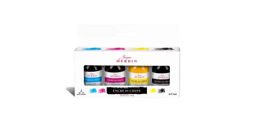COFFRET ASSORTIMENT 4 FLACONS D'ENCRE DE CHINE 15ml - Assortis