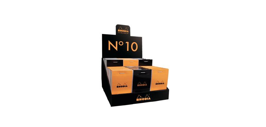 Blocs agrafés Rhodia O&B N°10 5,2x7,5 cm 80 feuillets petits carreaux 5x5 80g en présentoir de 60 pièces - Assortis
