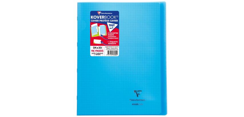 Cahier piqué Koverbook 24x32cm 96 pages petits carreaux + marge couverture polypropylène transparent - Bleu