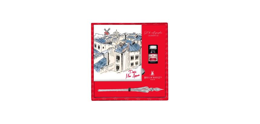 Moulin Rouge, Set de calligraphie 21x21 cm contenant une plume de verre, un flacon d'encre Moulin Rouge, un bloc de 52 feuilles