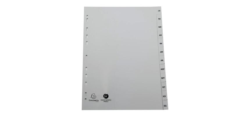 Register A4 aus Recycling-PP grau 120µ mit bedruckten Taben Jan-Dec (FR), 12 Positionen - Grau