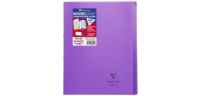 Cahier piqué Koverbook 24x32 cm 96 pages petits carreaux + marge couverture polypropylène transparent - Violet