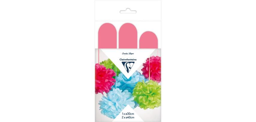 PAPIER DE SOIE, Set de 3 pompons à suspendre Ø30x1 et Ø40x2 - Rose