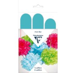 PAPIER DE SOIE, Set de 3 pompons à suspendre Ø30x1 et Ø40x2 - Bleu ciel