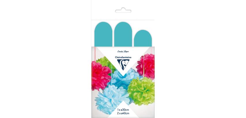 PAPIER DE SOIE, Set de 3 pompons à suspendre Ø30x1 et Ø40x2 - Bleu ciel