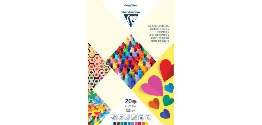 PAPIER COULEUR, Bloc de 20 feuilles 120g/m2 au format 21x29,7cm - Assortiment