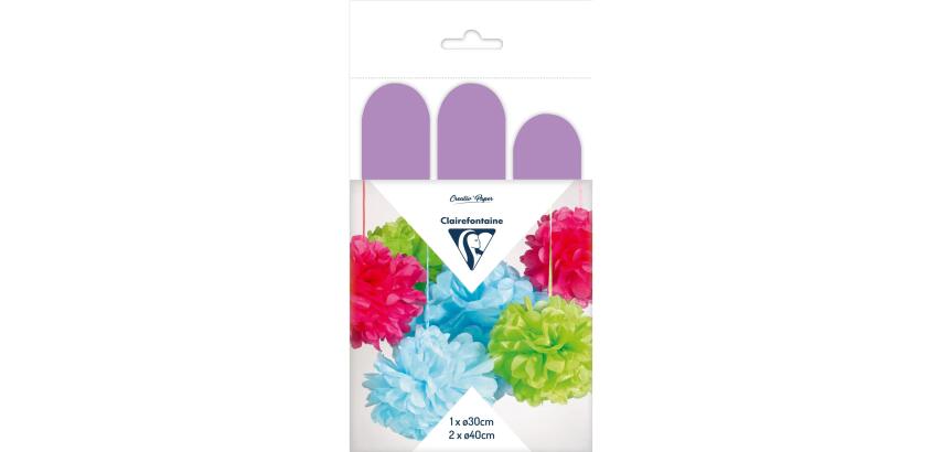 PAPIER DE SOIE, Set de 3 pompons à suspendre Ø30x1 et Ø40x2 - Mauve