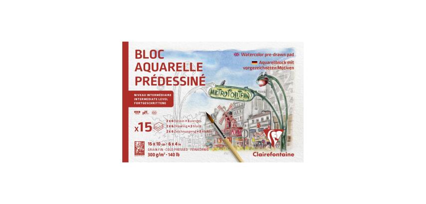 Aquarellblock 10x15 cm mit vorgezeichneten Motiven, 15 Blatt 300g, Motiv Paris