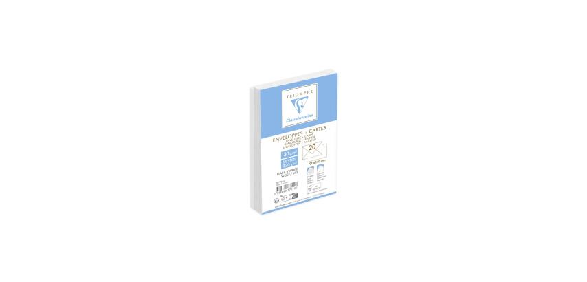 Combiné Triomphe comprenant 20 Enveloppes Blanches Doublés 90x140mm - Gommées - 130g/m2 + 20 Cartes Bristol Blanches 82x128mm 220g/m2 - Blanc