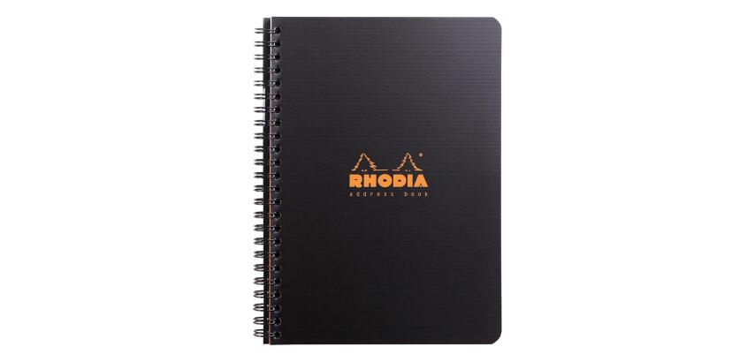 Rhodiactive adresboek 90g, spiraalgebonden repertorium A5, 80 voorbedrukte bladen, zonder microperfatie, met insteektas - Zwart