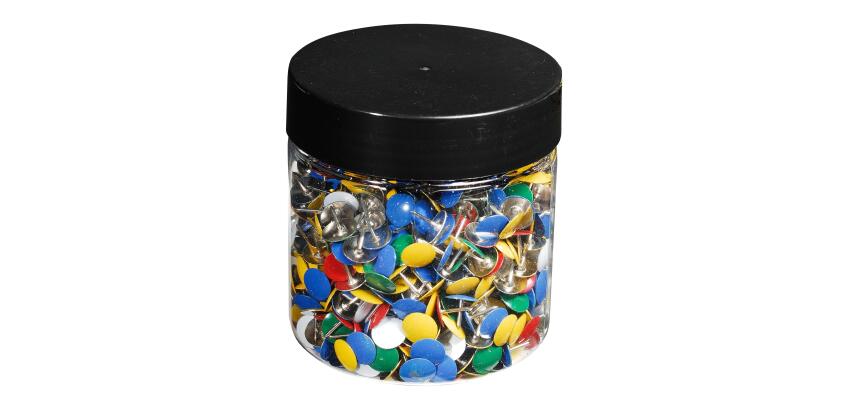 Boîte de 1 000 punaises couleur en laiton - Hauteur de pointe 9mm - 9mm de diamètre - Couleurs assorties