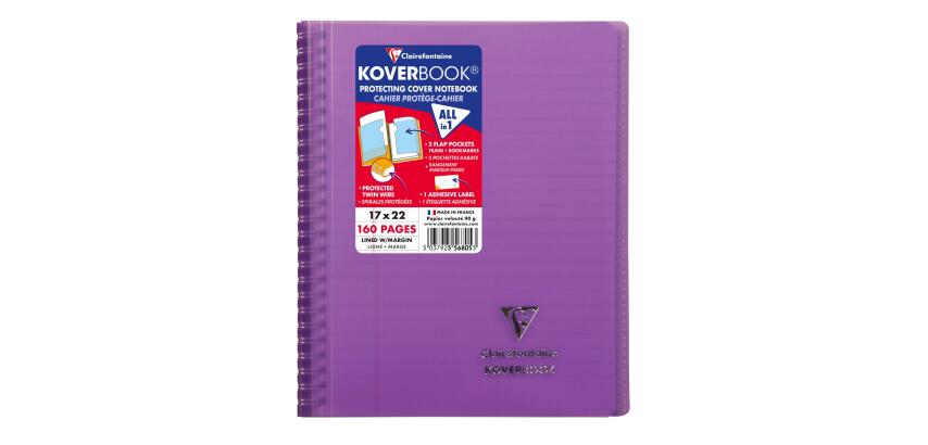 Cahier reliure intégrale enveloppante Koverbook 17x22cm 160 pages ligné + marge couverture polypropylène transparent - Violet