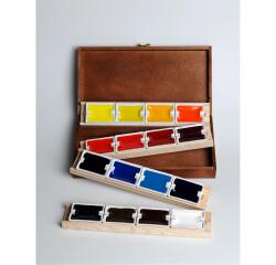 Aquarellfarben, Set mit Kasten aus Mahagoni, 4 Träger + 16 große Näpfe