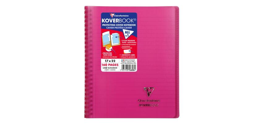 Cahier reliure intégrale enveloppante Koverbook 17x22cm 160 pages ligné + marge couverture polypropylène transparent - Rose