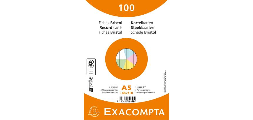 Paquet de 100 fiches sous film - Bristol ligné non perforé 148x210mm - Couleurs assorties