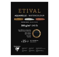 Etival, schwarzes Aquarellpapier, Block 1-seitig geleimt, 15 Blatt 300g, A2, doppelte Körnung