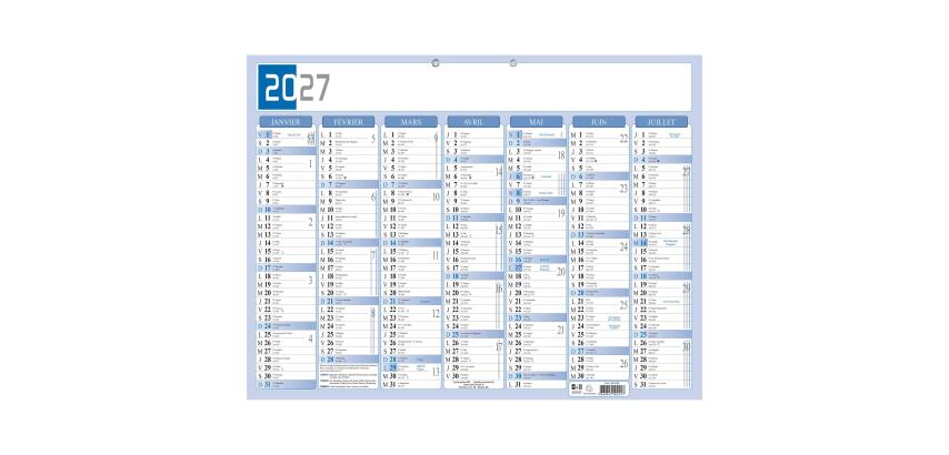 Calendrier Bicolore 43 x 33,5 cm Semestriel 2027 - Bleu et gris