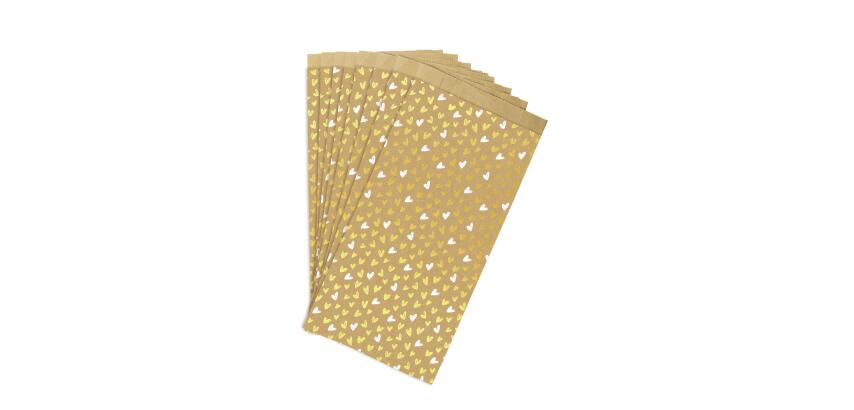 Sachet de 50 pochettes kraft, 16x30+5cm, coeurs - Or