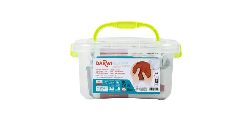 DARWI lufttrocknende Modelliermasse, Box mit 7 Blöcken 500g, für Schulen und Kindergärten (5x CLASSIC + 2x TERRACOTTA) - Weiß + Terrakotta