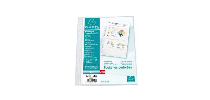 Sachet de 100 pochetttes perforées Polypropylène grainé 5/100e - A5 - Cristal