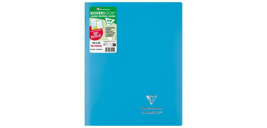 Cahier piqué Koverbook 24x32 cm 96 pages grands carreaux couverture polypropylène opaque 100% recyclé